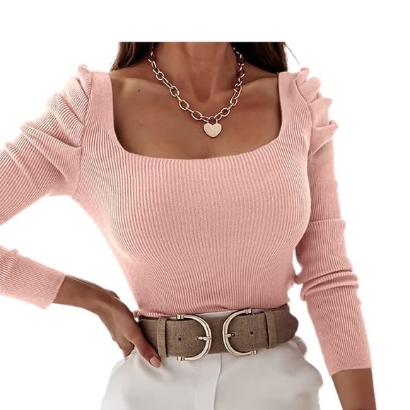 Ruched Square Neck Pink Ribbed Knit Long Sleeve Sweater Size Small - Picture 2 of 6